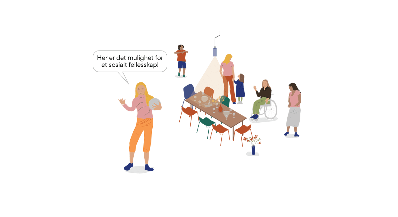 Illustrasjon av mennesker som er sammen i et fellesrom rundt et lang spisebord.